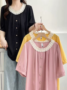 Áo Sơ Mi Nữ Tay Ngắn Cổ Tròn Rộng Rãi Phong Cách Hàn Quốc Mùa Hè 2025 Viền Hoa Tai Tay Ngắn Đơn Giản