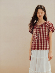 INMAN | Vintage Red Check Short Sleeve Shirt with Lace and Beads