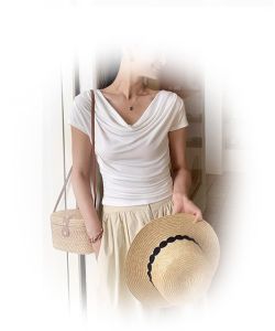 Áo Thun Nữ Tay Ngắn Mùa Hè Màu Xám Ôm Vừa Vặn Cổ Chéo Ba Chiều Xếp Ly Chất Liệu Viscose Thường Ngày