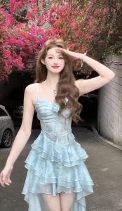 Summer Pure Desire Sweet Beach Vacation Style Irregular Halter Splice Lace Trim Dress Waist Cinched Fairy Skirt Single Piece