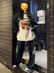 plus Size 300 Pounds American Retro Pencil Sweatshirt Womens No Cap Shoulder Insertion Autumn Trendy Lazy Style Top Cotton Long Sleeve Loose Fit