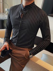 Chinese Style Slim Fit Long Sleeve Striped Shirt Stand Collar Business Casual Fashionable Autumn New Arrivals Mens Shirt