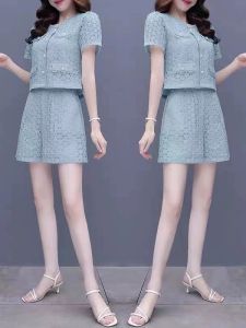 Summer New Fashion Set Casual Elegant Short Pants Slimming Two-Piece Womens Ensemble Polyester Fiber round Neck Button up