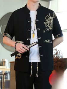 ROMON | Lomond Summer Thin Shirt Set For Men New Chinese Style Tang Costume Dad Casual Polyester Fiber Short Sleeve Iron-Free Treatment