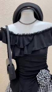 QC_ Set bánh bèo tiểu thư xinh đồ thiết kế dự tiệc mặc hè áo Thun Giấy trễ vai bèo lai tua rua mix váy ngắn Kate caro có lót dễ thương