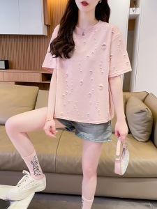 Short Sleeve T-Shirt Womens Mini Size Heavy Embellished Diamond Hole Summer Shoulder Top Korean Style Commute Style Polyester Cotton Spandex