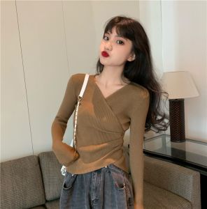 HUOLISI | Cross V-neck Stylish Fitted Long-sleeve Knit Sweater
