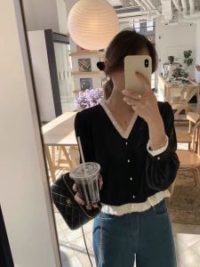 French Lace V-neck Patchwork Velvet Long Sleeves Shirt Womens Autumn and Winter New Arrival Inner Wear Base Shirt Elegant Tops