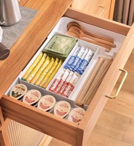 Classy Luxe Drawer Storage Box for Kitchen Retractable Cutlery & Chopsticks Organizer with Multi-Function Partition