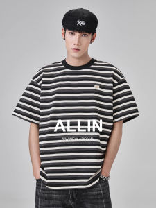 Allin Stripe Short Sleeve T-Shirt Men Summer Trendy Heavy Shoulder Loose Match Color Half Sleeve Couple Tops Breathable Youth Fashion