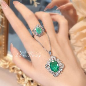 Young Fashion Flash Frozen Icicle Pendant Necklace & Simple Paraiba Green Open Ring Women's Jewelry Set