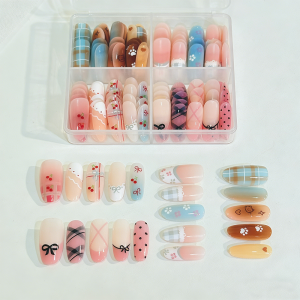120Pcs/Box Colorful Almond Press-On Nails Cartoon Cat Bow Cherry Flower Polka Dots Pattern Fake Nail Full Cover False Fingertips