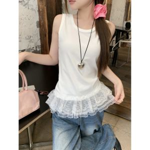 Áo Ba Lỗ Ren Đan Nữ Mùa Xuân Hè Mới Thiết Kế Áo Lót Không Tay Cổ Đứng Ôm Vừa Vặn Chất Liệu Cotton Pha Trộn Polyester