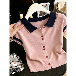 Polo Collar Short Sleeve Straight Shoulder Design Knitted Shirt