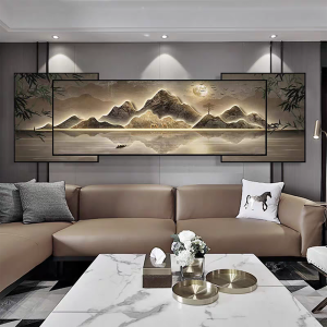 ภาพวาดตกแต่งห้องนั่งเล่นสไตล์จีนใหม่ ภาพภูเขาสวยงาม ภาพวาดที่ติดผนังเบาๆ หรูหรา ภาพวาดที่มีพื้นหลังเป็นภูเขา ภาพวาดที่มีกรอบโลหะ
