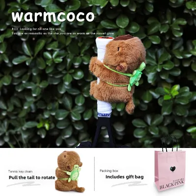 Cute Plush Badminton Racket Handle Cover with Rotating Tail Water Vole Capybara Design Tennis Fans Accessories Sports Fitness