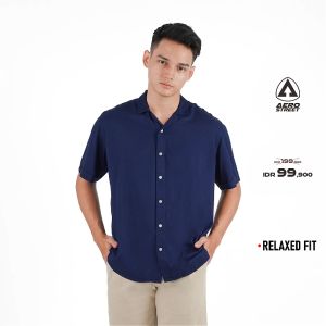 Aerostreet Kemeja Rayon Marva Navy Hawai Polos Gelap Pria Wanita QAAAA