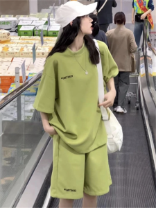 Loose Slimming Summer Sportswear Set for Women Casual Cotton Short Sleeve Shorts Two-Piece Set Korean College Style Leisure