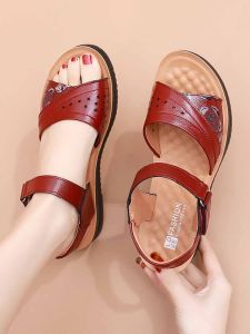 SHIPAILUO | Comfortable Leather Mom Sandals Summer New Style Floral Print Womens Shoes Soft Bottom Hollow Out Design Casual Fashion