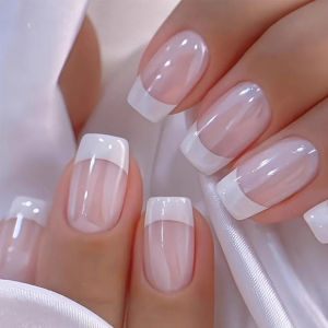 Short Medium fake nails for women girls Minimalist french style with white edge design pearl shimmer square tips press on nail