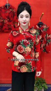 เสื้อยืดแขนยาวพิมพ์ลายสำหรับคุณแม่ ฤดูใบไม้ผลิและฤดูใบไม้ร่วง เสื้อเชิ้ตคอตตอนสไตล์ชาติพันธุ์สำหรับผู้หญิง ทรงเข้ารูป แขนยาว ปกติ