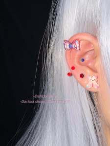 Retro Style Bear Ear Cuff Sparkling Illness Little Bear Ear Studs Trendy Girl Checkered Butterfly Knot Earrings Fashion Jewelry