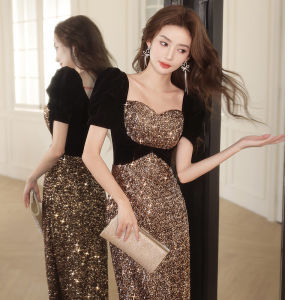 Elegant Fish Tail Evening Gown Womens Host Dress Luxury High Quality Long Sleeve Korean Style Wedding Party Celebration Dress