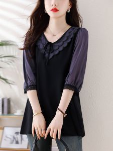 Shirt Womens Summer Plus Size Womens Clothing Plus Size Ladies Loose Belly-Covering 3/4 Sleeve Chiffon V-neck Patchwork T-shirt Tops 100.00kg