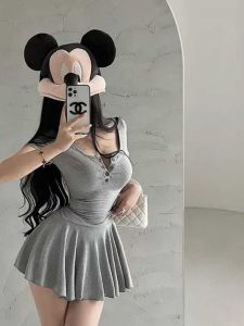 ชุดเดรสสีเทา ทรงสลิมฟิต แขนสั้น ทรงเอ เอวสูง ชุดทำงานฤดูร้อน สำหรับผู้หญิงไซส์ใหญ่