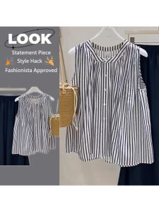 WANGGONGZHU | Artistic Stripe Sleeveless Shirt Women Summer Loose Lazy Vintage Vest Round Neck Single Button Casual Inner Wear For Youth Girls