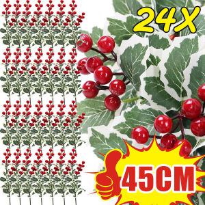 \ud83c\udf84Hàng sẵn có\ud83c\udf8445cm 24pcs articifial Berries hoa Giáng sinh quả mọng đỏ chi nhánh giả holly lá thân Picks Quà Tặng tự làm vòng hoa bó hoa nhà trong nhà đồ trang trí
