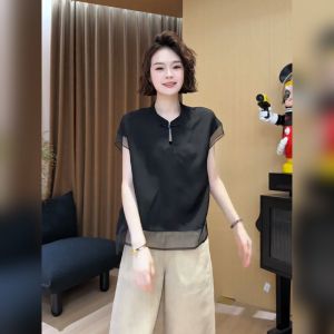 YUFUQING | New Chinese Style Short Sleeve Shirt Women Summer High End Net Splicing Anti Aging Top Thin Polyester Fiber Round Neck Loose Fit
