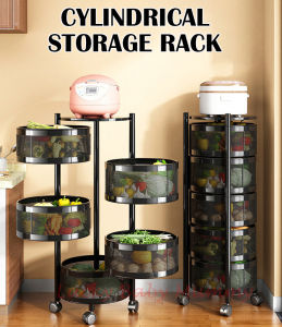 Cylindrical Kitchen Rotating Storage Box Basket Trolley Rack Vegetable Floor Storage Organizer Shelf Organiser / Rainbow