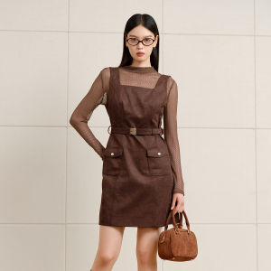 Bathina Elegant Waist-Cinching Sleeveless Dress Detachable Inner Wear Spring Autumn Season A-line Skirt Polyester Spandex Blend