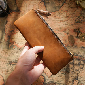 First Layer Leather Pencil Case Retro Handmade Crazy Horse Leather Zipper Stationery Bag Creative Portable and Simple Storage Student Blue