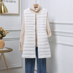 Lightweight Long down Vest Womens round Neck Spring Autumn Winter Polyamide Fiber Pocket Single Button Closure Vest