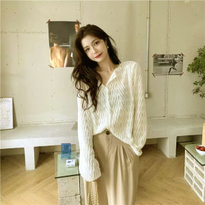 Kemeja Wanita Casual Vintage Lengan Panjang Crinkle Korean Kemeja Terbaru