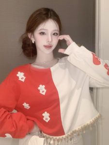 GUZILIAN | Loose Fit Round Neck Long Sleeve T-Shirt Fashionable Color Block Top Korean Style Womens Autumn Winter New Arrival Casual Wear