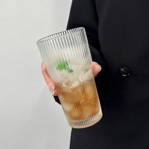 Large Capacity Straw Glass Cup with Lid Vertical Stripes Coffee Drink Juice Cup High Aesthetic Value for Home Use Milk Tea Glass Cup