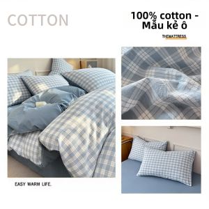 Bộ Đồ Chăn Ga Gối Họa Tiết Caro Giặt Được 100% Cotton