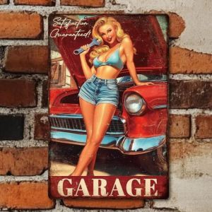 Retro Car Repair Lady Tin Sign Vintage Metal Wall Art for Garage Bar Office Home Decor