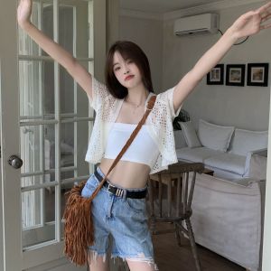 Summer 2025 New Knitted Short Sleeve T-Shirt Hollow out Hook Flower Cardigan Women Thin Outerwear Top Air Conditioning Outerwear