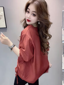 Elegant Drawstring Sequin Short Sleeve Shirt Womens Summer Top Fashionable Commute Style Korean Version Versatile Fit