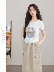 YOUXIANG | Áo Thun Tay Ngắn In Hình Thời Trang Có Nếp Rủ