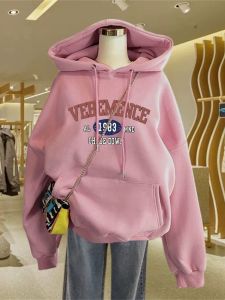 Pink Hoodie Womens Loose Fit Medium Length Thin Spring Autumn Fashion Korean Style Casual Streetwear Cartoon Print Long Sleeve