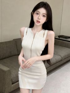 GUZILIAN | Đầm Knit Mỏng Không Tay Có Dây Kéo