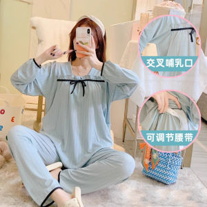 Nursing Sleepwear Maternity Nightgown Spring Autumn Long Sleeve round Neck Cotton Home Clothes for Pregnant Women Feeding Baby