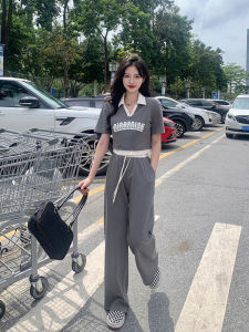 ชุดแฟชั่นฤดูร้อนสำหรับผู้หญิง กางเกงขากว้างสองชิ้น ทรงเข้ารูป เอวสูง แขนสั้น ทรงเข้ารูป ทรงเข้ารูป สไตล์เกาหลี ชุดทำงาน