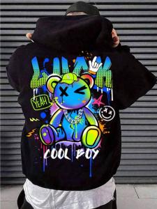 High Design New Mens Autumn Colorful Cartoon Bear Letter Printed Comfortable Soft Hoodie Outdoor Street Versatile Top