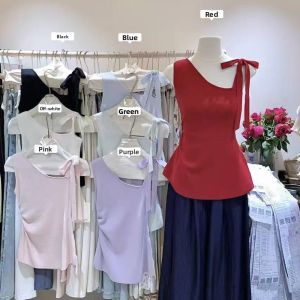 YUEZHONGWEI | French Style Diagonal Shoulder Red Knitted Strap Vest Women Summer Outdoor Wear Slim Fit Sleeveless Shoulder Exposure Dopaamine Match Top